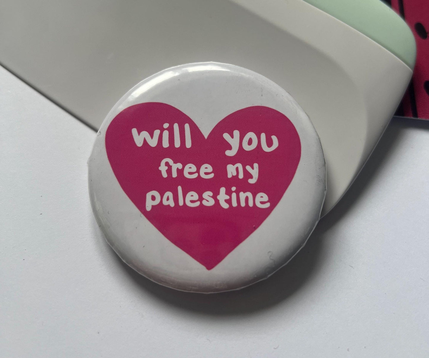 Bold Palestine Badge – Round Pin with Keffiyeh Pattern & Watermelon Illustration – Cultural Statement - Perfect Activist Gift