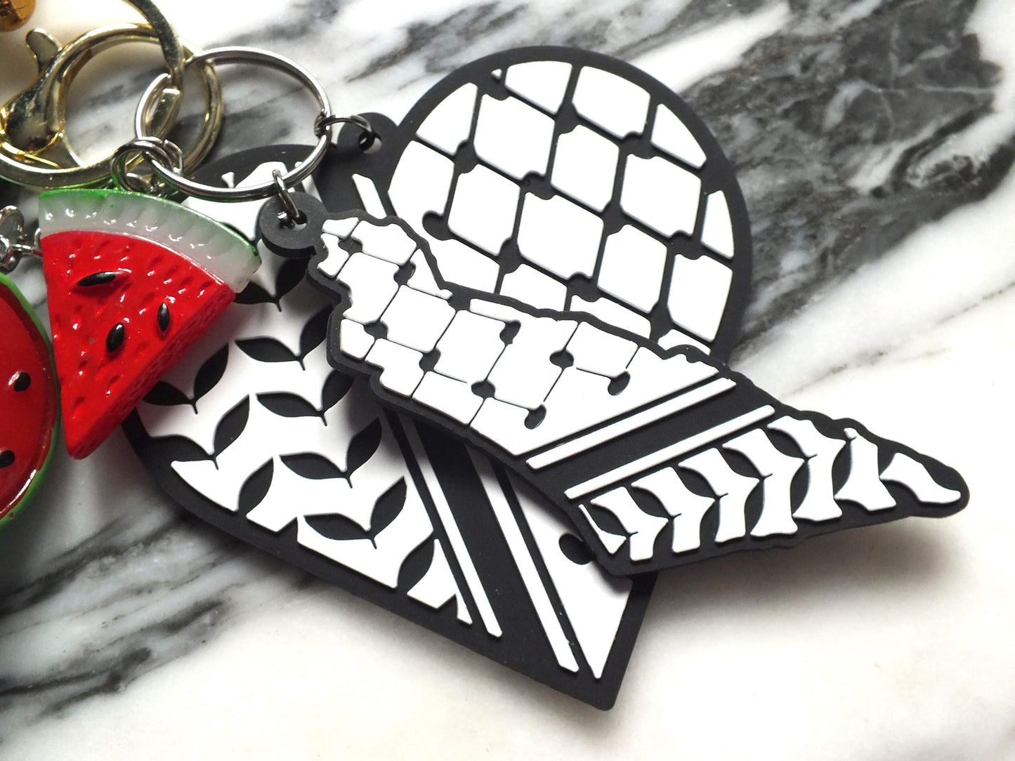 Teddy Bear Heart Keychain for Palestine – Keffiyeh Pattern + Watermelon Enamel Charms – Gift for Supporters and Activists for Gaza