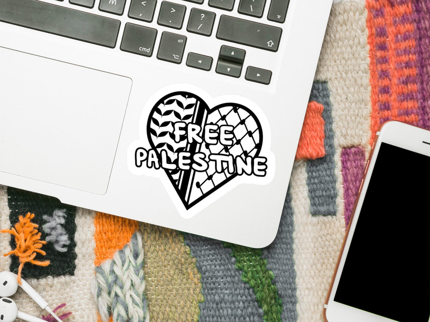 Black White Free Palestine Kuffiya Heart Sticker – Waterproof Vinyl Decal or Splashproof Sticker | Palestinian Pattern Car Laptop Decal