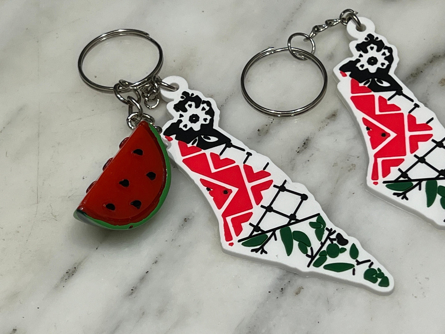 Palestinian Map and Flag Keyring – Heart-Shaped Keffiyeh Acrylic + Watermelon Charm – Activist Gift in Solidarity with Gaza