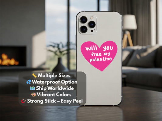 Support Palestine Sticker – Durable Vinyl Decal for Car, iPad, Journal – Glossy Resistance Vinyl - Pink Love Heart Design for Gaza