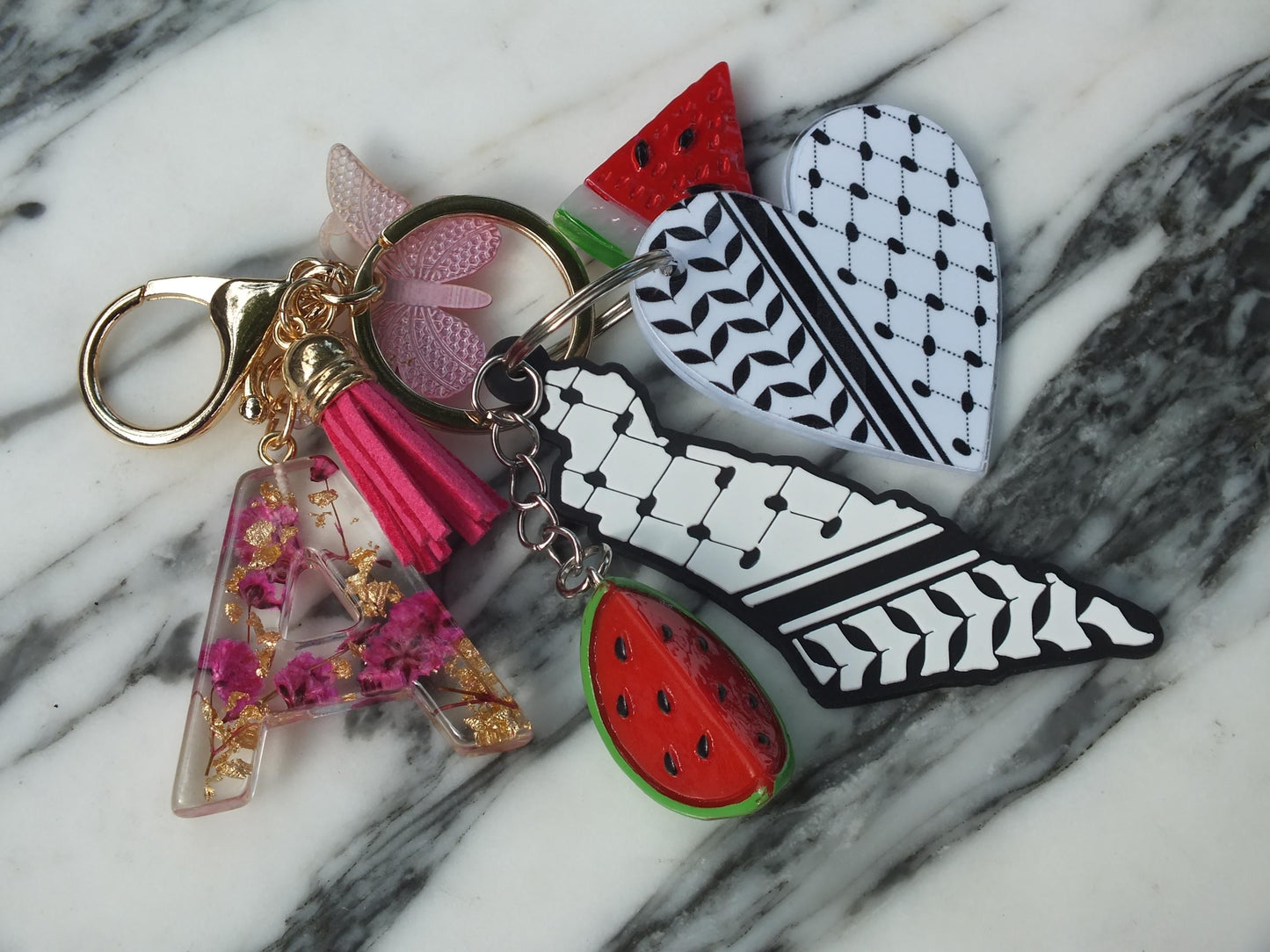 Resin Keychain with Initial for Palestine - Heart & Watermelon Keychain – Palestine Support Gift with Keffiyeh Art - Proceeds to Gaza