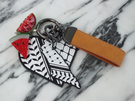 Leather Keychain for Palestine in Solidarity with Gaza - Watermelon Enamel Charms & Keffiyeh Acrylic Heart - Palestinian Heritage Print