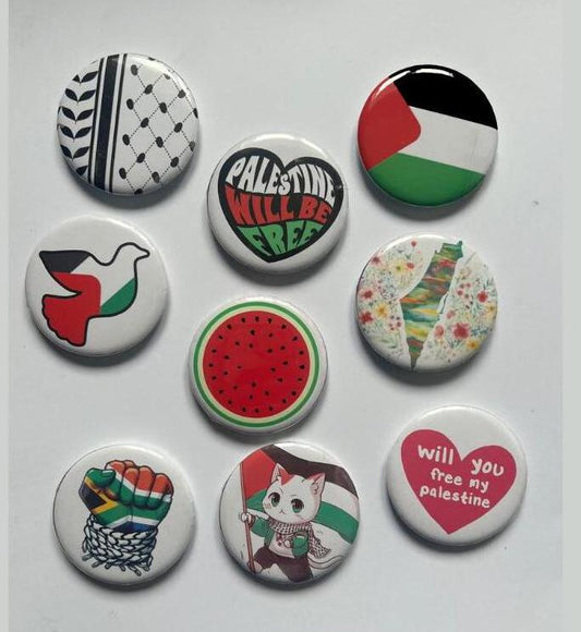 Bold Palestine Badge – Round Pin with Keffiyeh Pattern & Watermelon Illustration – Cultural Statement - Perfect Activist Gift