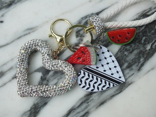 Palestine Keychain – Heart-Shaped Keffiyeh Acrylic + Watermelon Charm – Activist Gift with Love Heart Bag Charm - Gift for Supporter