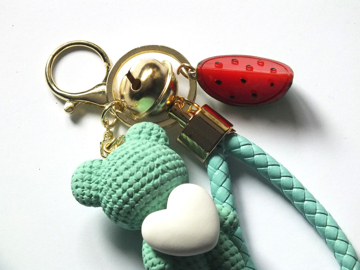 Teddy Bear Keyring with Watermelon Charm for Palestine - Palestinian Symbol Keychain – Heart with Keffiyeh & Watermelon – Handmade Gift